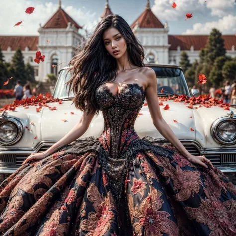 An asian woman fair skin with loose hair, standing on the stairs in the middle of a magical atmosphere, with a predominantly blue and red costume, a strapless metal corset-style dress decorated with bright purple jewels, a short tutu skirt, black thigh-hig...