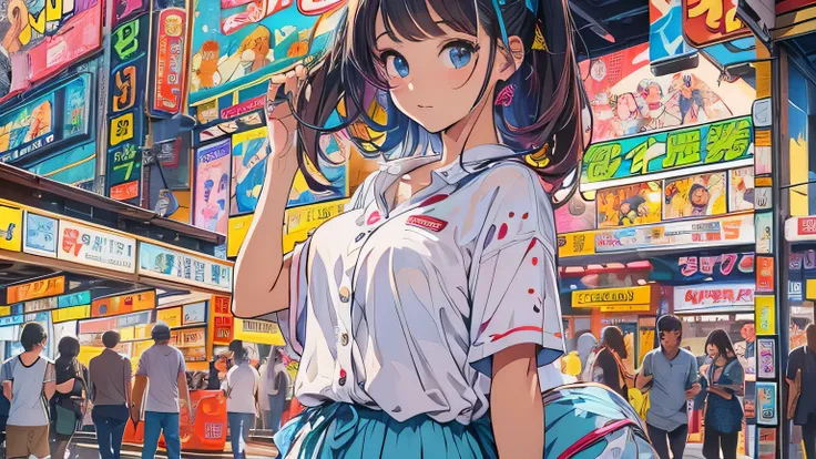 (masterpiece, Highest quality:1.1), (Popart Style),Flat Color,One girl,Cute face, big boobs, white shirt, music, Tween,Have a nice trip, urban, 90s, (Akihabara, the town of otaku, Tokyo),Japan, Beautiful and detailed scenery, Beautiful lighting,very happy,...