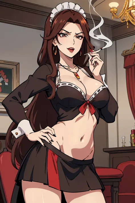 smoking a cigarette
,holding a cigarette,
jewelry,midriff,gem,earrings,necklace,
brown_hair,brown_eyes,Very_long_hair,lipstick,makeup,red_lips,Hot girl, baddie, staring, glaring, bad attitude, mean girl, dare, angry, hate, crazy, smoking, sensual, attracti...