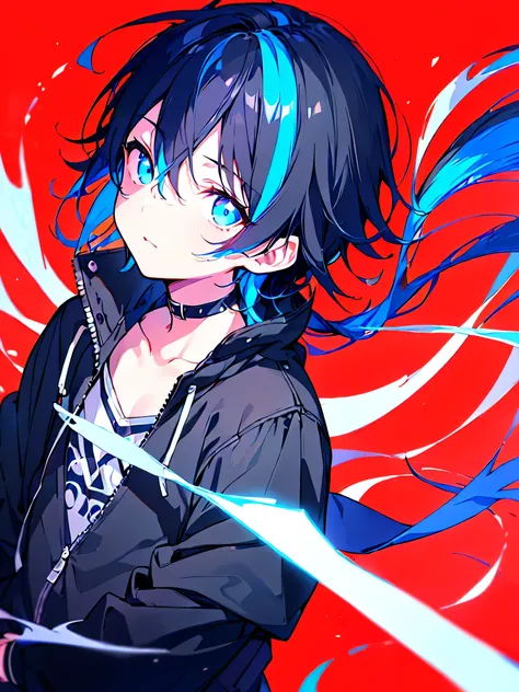 [(RED BACKGROUND:1.5),::5], ((((masterpiece)))), high quality, ultra very high resolution, full color, (((solo))), ((little boy)), BLACK hair, ((Blue streaked hair)), (oriental deepblue eyes), anime, ((upper body)), Summer clothes, neon light, black parka,