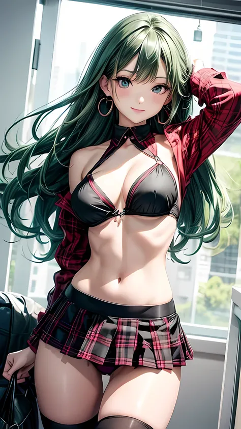 masterpiece,Ultra-high resolution、Highest quality、Sexy pose、Green Hair、Long Hair:1.2, Pink Eyes, smile、Tilt your head、Big earrings:1.5,、Model walking、Small breasts、the body is slim、Tight waist、Spread your legs,Cowboy Shot、Black checked top、Black super mini...