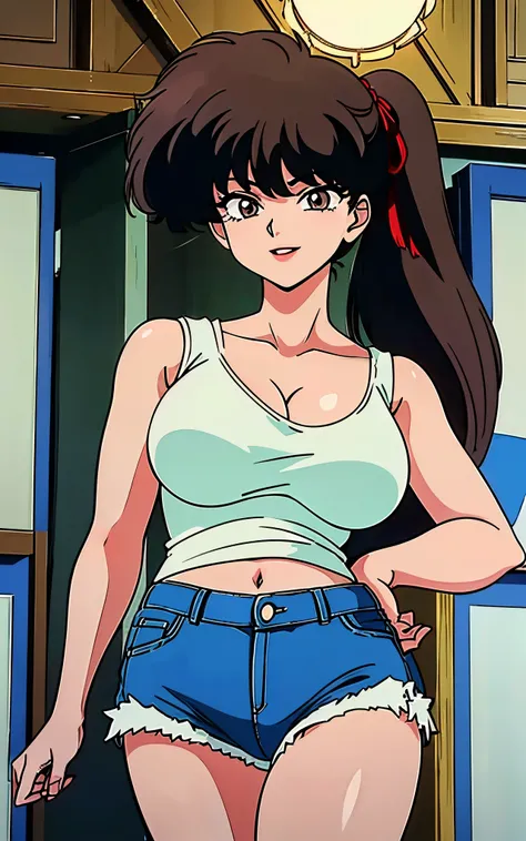((masterpiece, Highest quality, case)))), High resolution、8k、1990s、1 girl,alone, kodachi kuno (16 years old, Black hair side ponytail 、Long upper eyelashes、Thin lips、Round jaw、White tank top、Denim hot pants、,Socks skin color(light brown)))), Huge breasts, ...