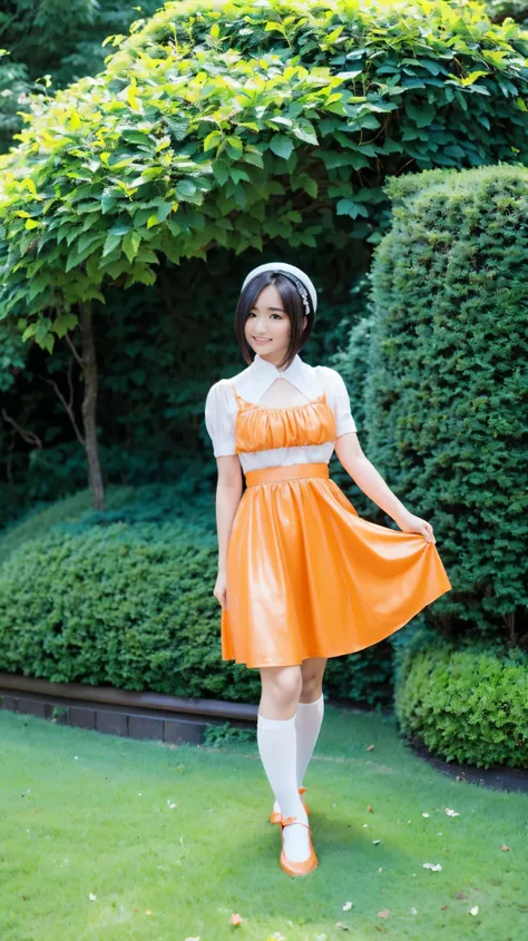 (High definition、4K)、Her orange bra is visible through her pure white dress.、She lifts her dress with both hands to show off her cute orange underwear.、(Huge boobs、Slim body、Are standing、Young and pretty girl、Aoi Yuki:1.2)、barefoot、White knee-high socks an...