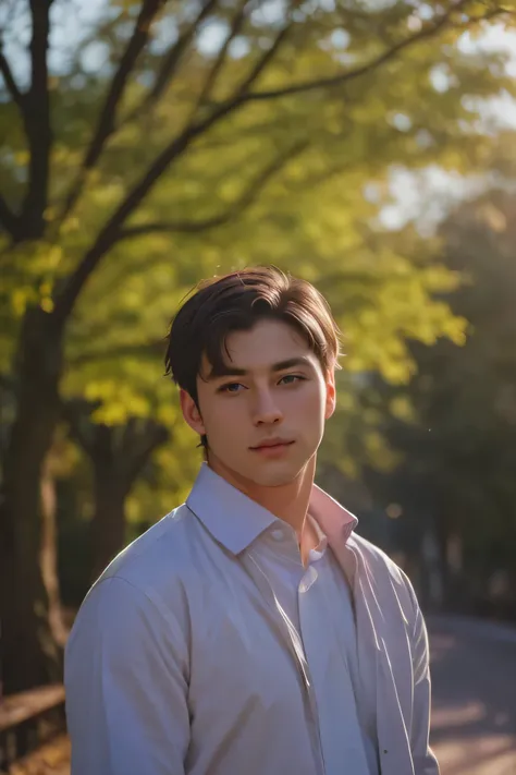 handsome men portrait, shot on leica, shadowplay, gorgeous lighting, subtle pastel hues, outdoors ,solo,pretty