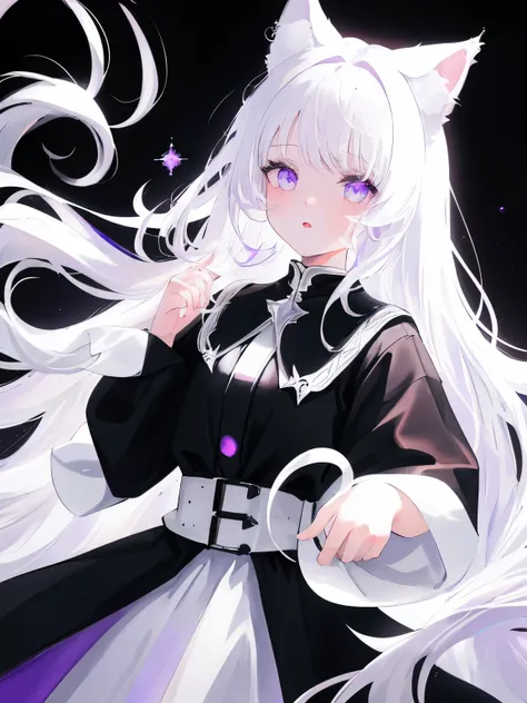 1 girl, white hair, 18 years old, white cat ears, black wedding dress, black color eyes, gradient hair, white hair color, purple strands, space background, black space background, aura around the girl, high-quality eyes, space eyes, (((full growth))), flyi...