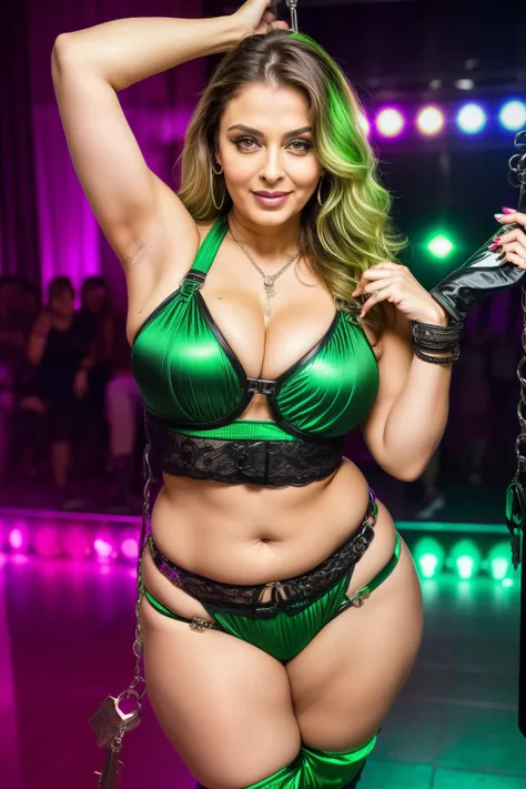 Full body photo of SEXIEST 50YO MATURE MILF AISHWARYA RAI as SEX HORNY BIMBO RAVE MILF, ((FLIRTATIOUS MOCKING SMILE)), ((GREEN highlighted WET hair)), (((LOCK & KEY CHAIN SLAVE SKIMPY harness)), ((boots))), (((MOST SEDUCTIVE POSE WITH HANDS IN THE AIR AND ...