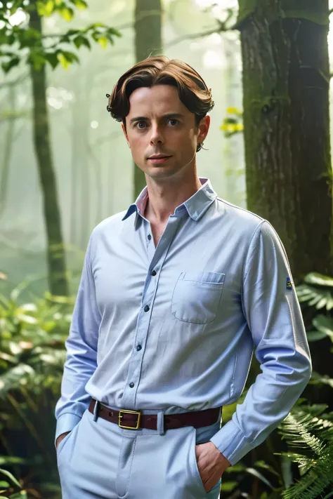 Ipswich, 2024. A young ((((37-year-old)) Matthew Goode)), in an enchanted magical forest, ((((casual clothings from the 2020s)))), ((hairstyle of the 2020s))