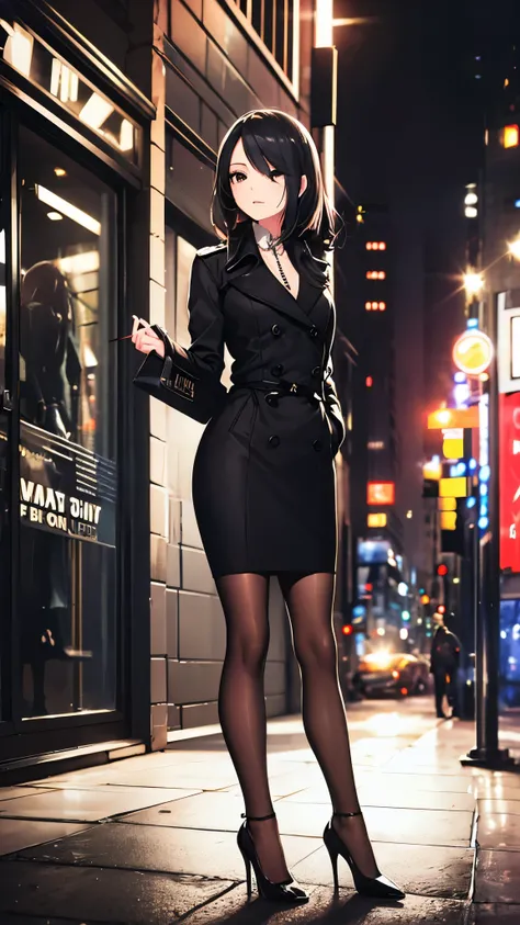 noir style of a woman in a fitted trench coat with a pencil skirt and stiletto heels, with a smoky jazz club in the background