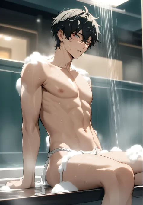 Cartoon man taking off his shirt sitting in the bathtub, Inspired by Masanobu Okumura, Cool anime poses, water dripping off him, Anime handsome man, Tall anime man with blue eyes, Perfect body, muscular!!, The handsome guy in Demon Slayer, Inspired by Okum...