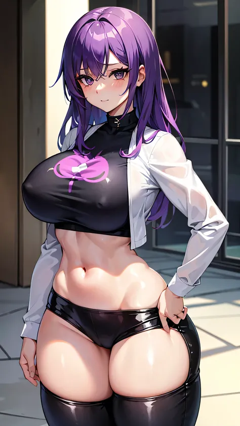 She sports striking purple hair that reaches her back.  Her hazel eyes add warmth to her expression.  She dresses in a modern outfit, with a printed white blouse and black pants that reflect her more relaxed but chic style. Busty, big hip, big legs, big as...