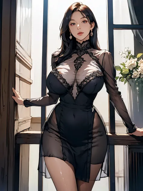 BREAK, 1girl, intricate black lace bra, (gigantic breasts:1.2), highleg black lace thong, detailed face, looking at viewer, cleavage, breasts, BREAK, (see-through dress:1.4) (nude highneck dress, slim-fit dress:1.2), (flowers pattern print:0.8), long messy...