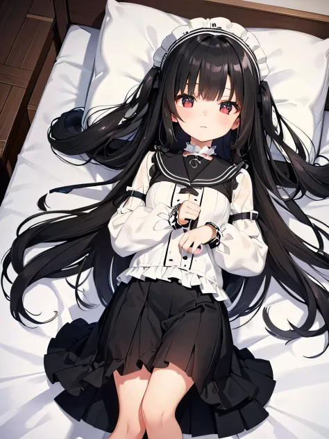 black hair，long black hair，lolita skirt，Gothrori, Mine system, sleep comfortably in bed