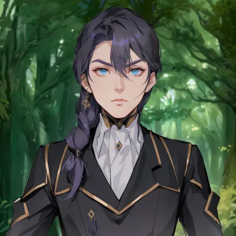 anime character with long black hair and blue eyes in a forest, delicate androgynous prince, Cute androgynous prince, handsome guy in demon slayer art, hijikata toushirou, inspired by Okumura Masanobu, official character art, attractive androgynous humanoi...