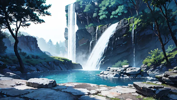 (7 color waterfall) High resolution, with large rocks and trees surrounding it.