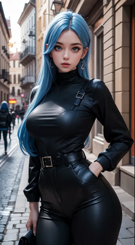 Abigail blue hair, black tight clothing, on European streets, realist, Full HD, high quality