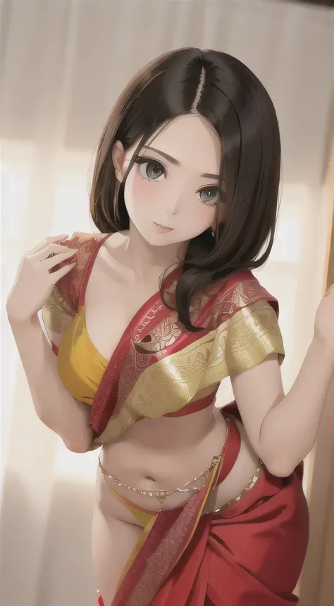A seductive woman captivates in a stunning saree.