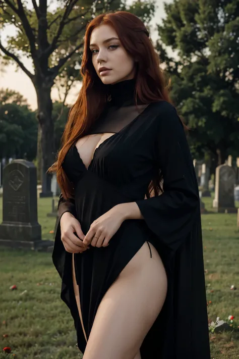 Beautiful sexy woman with long red hair and violet eyes, masterpiece, ultra quality, 8k, hair falling over her shoulders, in the background a cemetery, Shes wearing a black dress and mourning veil...