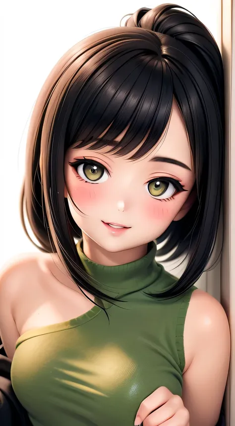 Amazing portrait of a sexy woman wearing her luscious black hair in a cute ponytail, seductively gazing and smiling, soft lips, parted, blushing intensely, smiling, dark green sweater, cream cargo pants, medium chest, perfect body