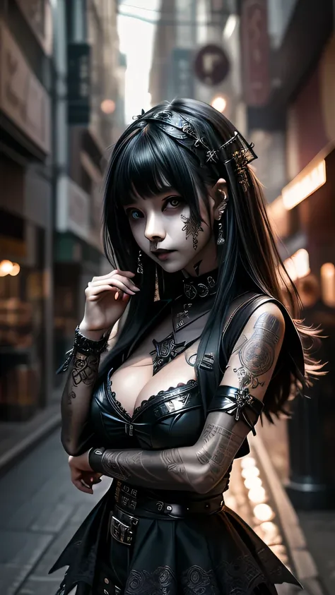 GOTHIC ROCKER ((Best quality, 8k, Masterpiece :1.3)), sensual woman, 1girl, (slender figure :1.2), dark brown hair, (outdoor, shirt, shorts :1.1), ultra-detailed face, detailed lips, detailed eyes, double eyelid,(Gigantic breasts:1.5)