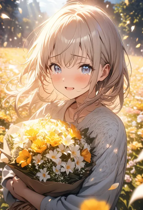 anime,depth of field, cinematic lighting, lens flare, f/1.2,(masterpiece:1.2),(high definition),Flower Field、Girl with a bouquet of flowers、Tears of joy、Petals fluttering、Light effects、An emotional photo、Filled with kindness、(A bouquet of flowers for you),...