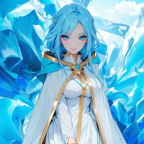 anime girl with blue hair and cape in front of a blue background, decote sensuous, sexly, garota sexly, ecchi, garota big boobies, decote sensuous, perfects eyes, cape on head,detailedeyes, perfects eyes, garota com big boobies, perfect face 12k beautiful ...