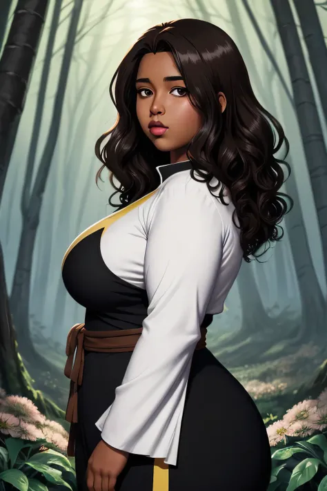 Anime illustration semi-realism of brown skin latina girl, 25 year old, plus size, curvy, overweight, black round eyes, black curly hair, big lips, anime, sleek design, brown skin, sideswept hairstyle, round face, fantasy mage outfit, flower forest backgro...