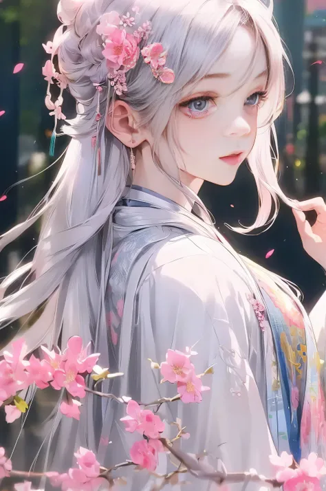 8k, masterpiece, best quality, 1 girl, chinese, chinese architecture, silver long hair, light pink lips, clear eyes, bangs, pink...