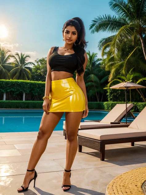 25 year old extremely beautiful gorgeous Tamil girl, eyes symmetry, face symmetry, look at viewer, curvaceous, 32B, vibrant color sleeveless crop top, latex skirt, high heels, neat ponytail, sexy poses, pool side aisle, evening sky, evening sunrays, starry...