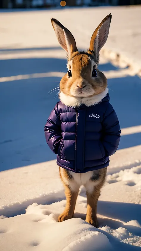 (rabbit cub) , (standing : 1.4) , (viewer : 1.4) ,(winter short padded : 1.4) alone , animal , (symmetry) , (main image , Top Quality) , full body , (no people) , animal focus, winter background, winter