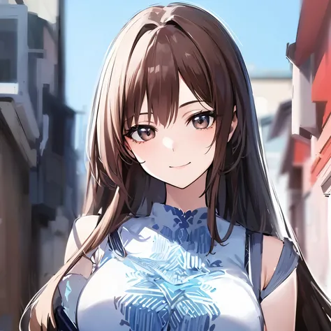 ((masterpiece)), ((Highest quality)), ((light smile)), ((A 21-year-old girl)), ((Shiny brown long hair)), (Beautiful and sexy woman), In the city, (A sleeveless shirt with a light blue pattern), (Large breasts), ((Beautiful and smooth skin)), (Shoulder Bar...