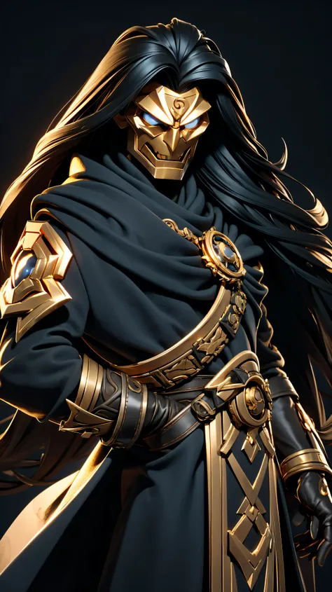 A man with long black hair wearing a golden mask wearing a white scientists coat with gold details from the mysterious 8k supervillain.