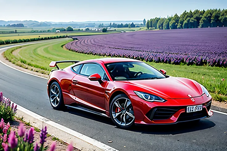 A red sports car driving through a field of blooming lavender in the French countryside