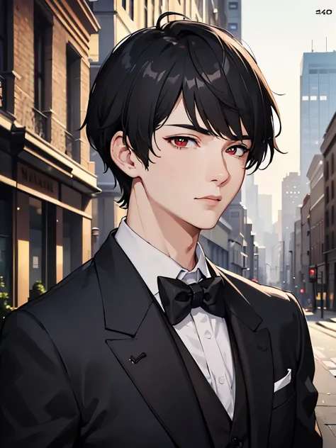 masterpiece, best quality, 1boy, black hair, red eyes, formal suit, black tie, messy hair, short hair, buildings, detailed eyes, detailed facial features, realistic and high resolution (best quality, 4k, 8k, highres, masterpiece:1.2)