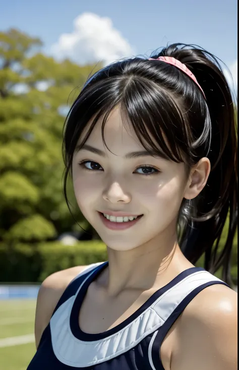 (Highest quality, masterpiece), (Beautiful 11 year old Japanese girl), (freckles:0.6), ponytail, smile, garden, Track and field athlete