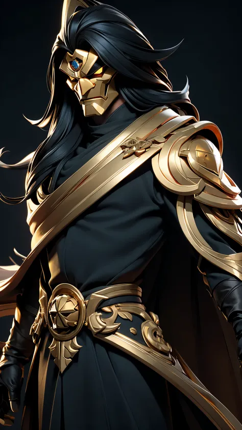 A man with long black hair wearing a golden mask and a white scientist coat with gold details from the mysterious supervillain 8k.