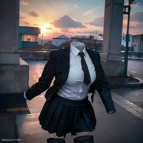 (invisible, no humans, headless, handless, faceless:1.5),cute big breasts, dynamic angle, white shirt, pleated skirt, striped necktie, collared shirt, black jacket, black skirt, long sleeves, school uniform, black socks, sarashina ruka, (close-up to breast...