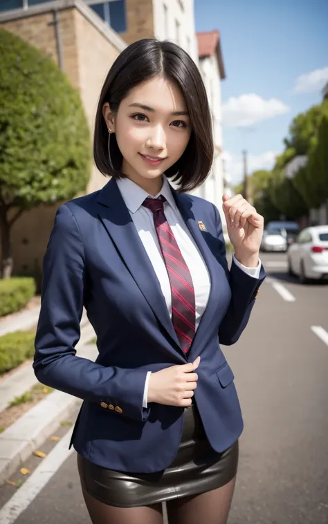 girl, hyper realistic, masterpiece, smile, portrait, bobhair, skirt suit, dress shirt, red necktie, blazer, pantyhose