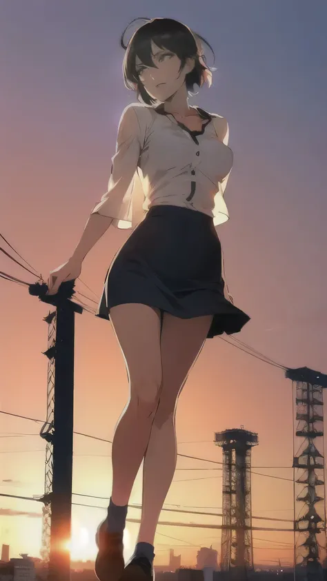 anime、(((Tokyo at sunset)))、One Woman、Short Hair、See-through blouse、Tight Skirt、Hair fluttering in the wind、Full body portrait、