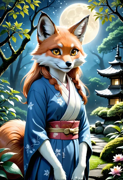 realistic, analog photo, Masterpiece, RAW photo, full-length portrait, hyper realistic, ultra detailed image, Kizune, (mythical Creature of Japanese Mythology And Folklore), detailed portrait of anthropomorphic she-fox, with fox tail, in traditional japan ...