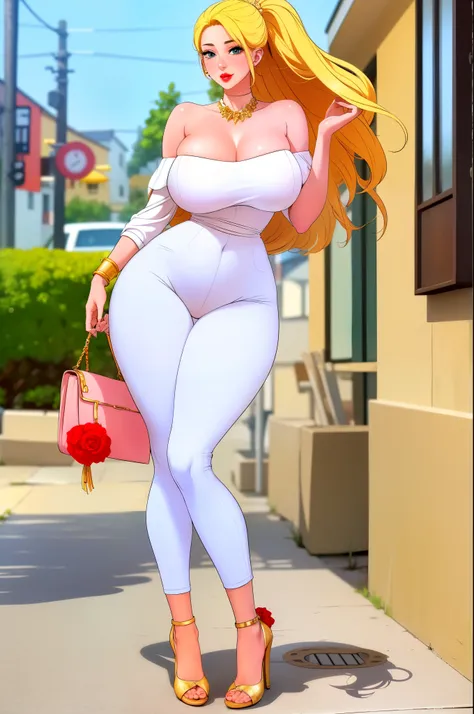 An extremely beautiful stunning woman with a perfect busty body, gold blonde long silky hair, big blue eyes, extremely super bright snow white fair stunning flawless glowing lush shiny white skin, a perfect tight hourglass figure, and a skinny waist, sexy ...