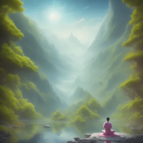 a person meditating in a wide robe, beautiful lush green valley landscape, enchanted world, serene contemplation, natural symbols, vibrant strong colors, cinematic lighting, (best quality,4k,8k,highres,masterpiece:1.2),ultra-detailed,(realistic,photorealis...