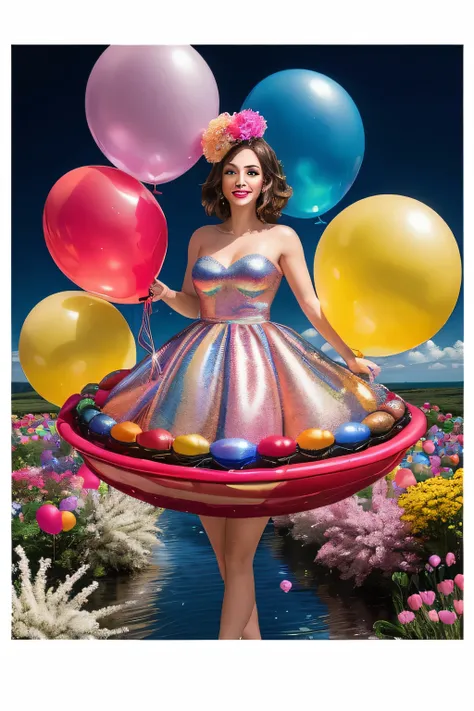 Ultra réaliste, ultra détaillé, femme brune, dégradé holographique, lipstick red, Canon, Fantastique, Real, paillettes, ballons flottant, flowers, paysage, vibrant, flash argon, 