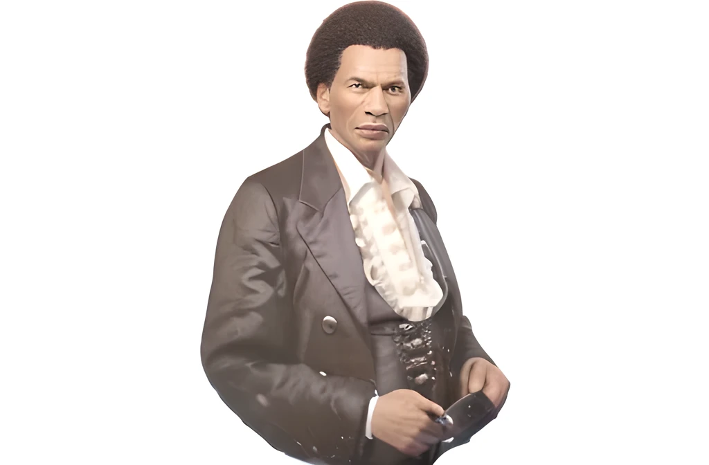 Looks like basketball Legend Pee Wee Kirkland, 3d cinematic model , wearing Black 18th century Blazer with buttons, white dress shirt, grey vest