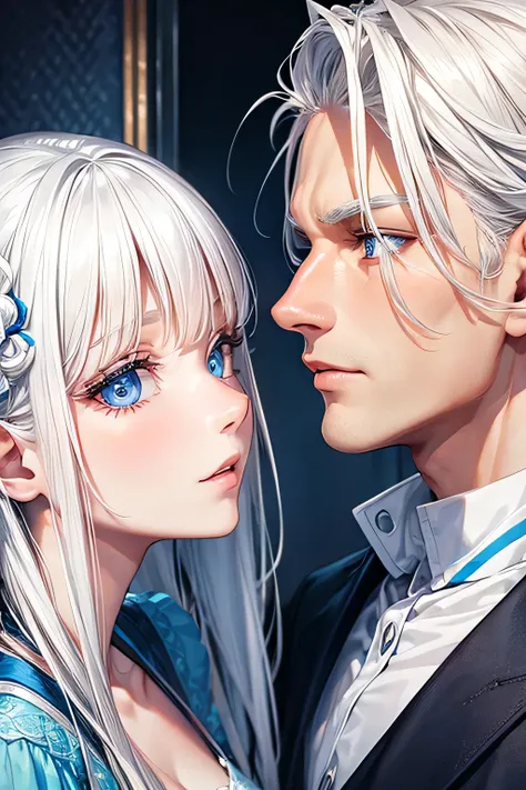 Male and female couple, white hair, blue eyes, face close-up