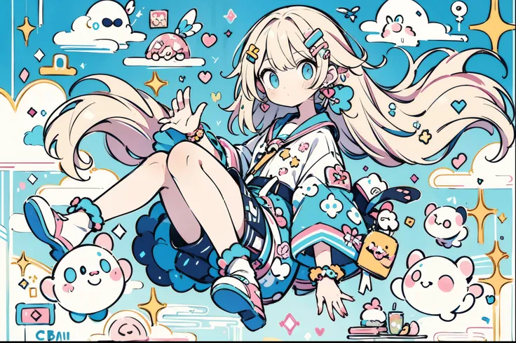 "kawaii, Cute, ((full body Esbian、Float on your side)), Adorable girl in pink, yellow, and baby blue color scheme. She wears sky-themed clothing with clouds and sky motifs. Her outfit is fluffy and soft, With decora accessories like hair clips. She embodie...