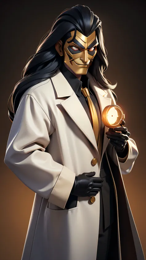 a man with long black hair wearing a golden mask dressed in a white scientist coat, mysterious supervillain 8k