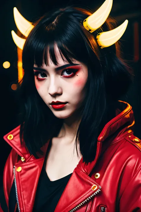 Cyberpunk style anime girl portrait girl demon torns maquillage , style castelvania, red rouge yellow neon, avec profondeur de champ ville bleu style hayao miyazaki