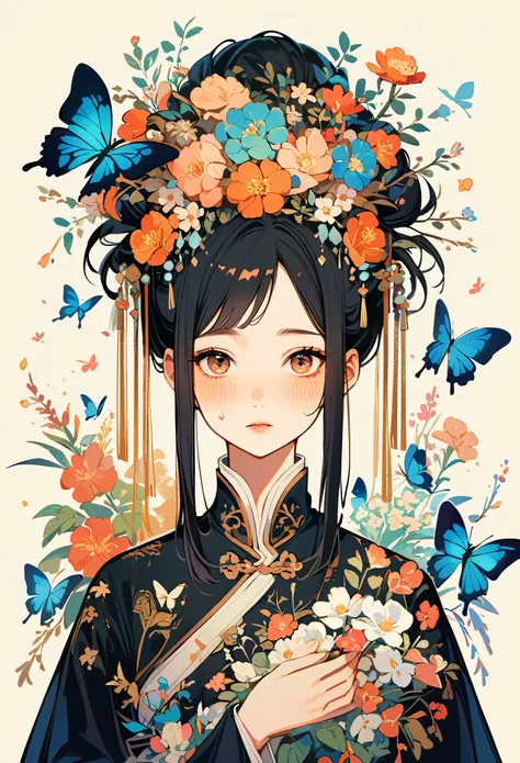 1 sister, Solitary, looking at the audience, Blushed, background, black hair color, Hair accessories, Long sleeve, White background, eternal, Full body female, Flowers in bloom, purple, Flowering, OK, Butterfly, masterpiece, Recent quality, The best detail...