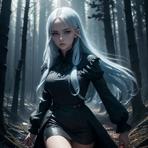 A beautiful young Russian girl with long light blue hair, wearing a sleek black dress, run in the middle of a dark mysterious forest at night, surrounded by flickering red flames, (best quality,4k,8k,highres,masterpiece:1.2),ultra-detailed,(realistic,photo...