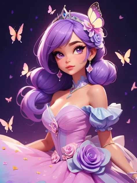 Cute purple hair Cinderella princess style on purple color watercolor background，With roses and butterflies, Barbie style. Purple floral dress，With blue rose gold sequins, Watercolor background with roses and butterflies and flowers